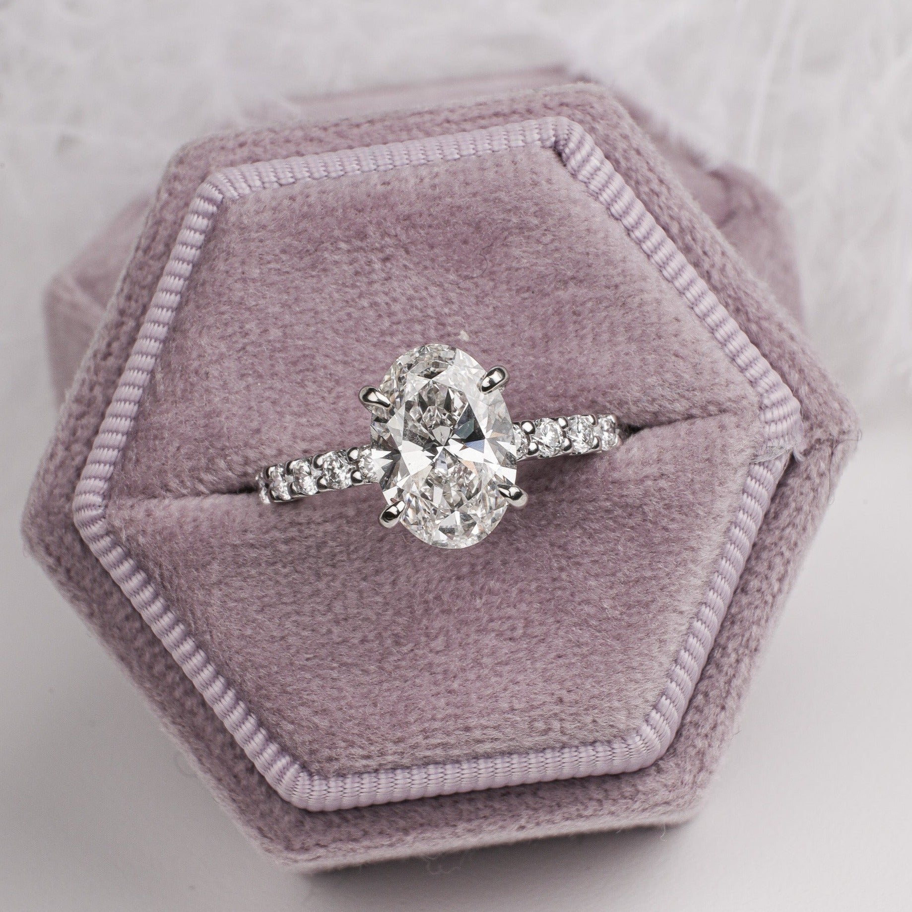 Engagement Ring Oval Diamond French Pave Hidden Halo