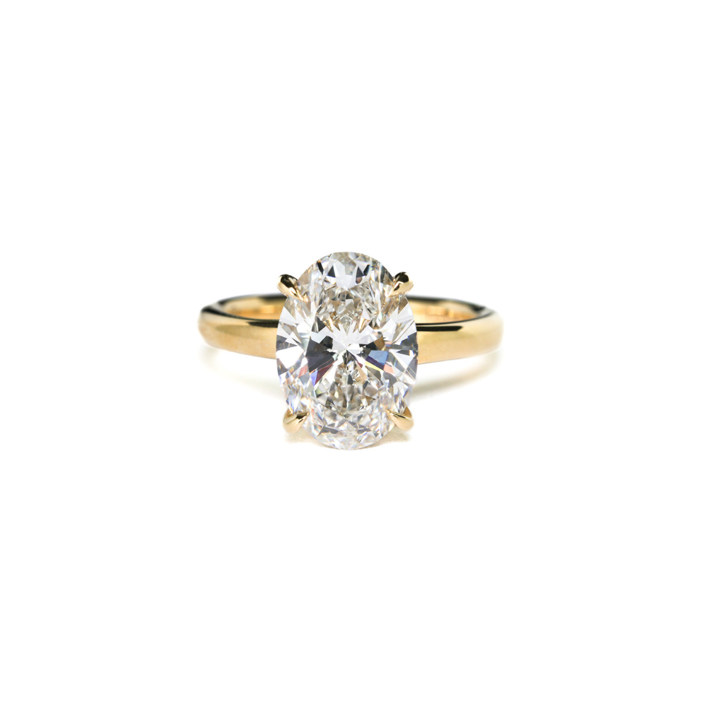 Engagement Ring Low Profile Oval Solitaire Hidden Halo Yellow Gold