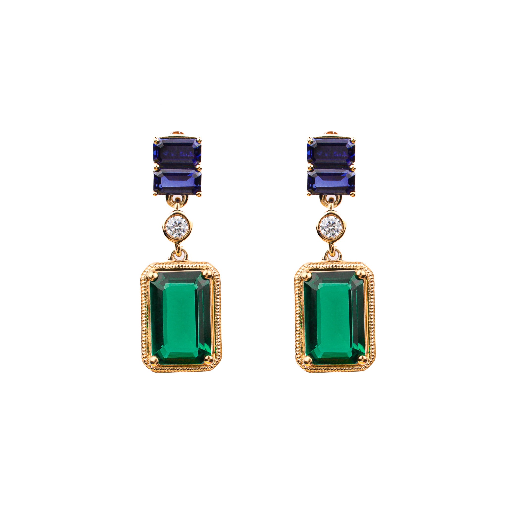 Sapphire Emerald and Diamond Dangle Earrings